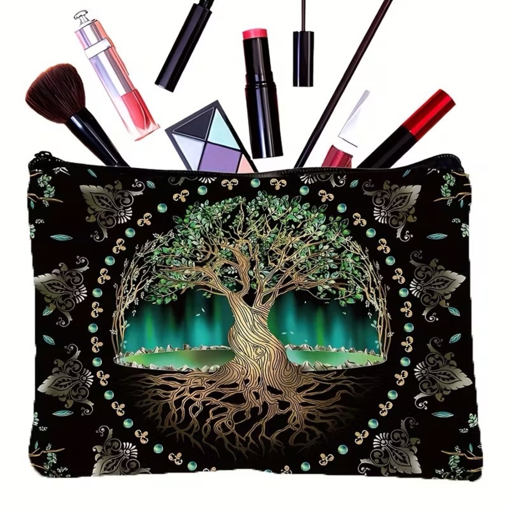 Tree of Life Makeup Bag Travel Cosmetic Pouch Zipper Organizer Black Gold 8.6in